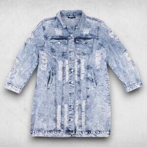 Thrill Jeans Denim Jacket Women 2X Blue Acid Wash Thrashed Grunge 90s Retro